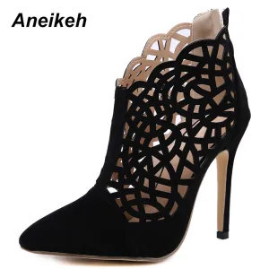 Aneikeh 2019 Flock Fashion Spring Gladiator Boots Women Solid Hollow Out Thin High Heels Boots Shallow Black Party Daily 35-40 Fashion Nova Shoes