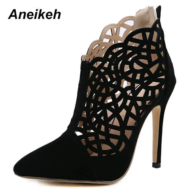 Aneikeh 2019 Flock Fashion Spring Gladiator Boots Women Solid Hollow Out Thin High Heels Boots Shallow Black Party Daily 35-40 Fashion Nova Shoes