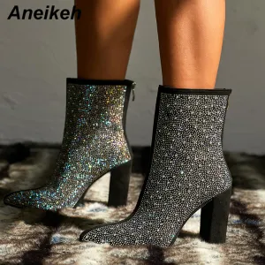 Aneikeh Fashion Bling Crystal Rhinestones Women Boots Square Heels Shoes Sexy Pointed Booties Thick Heel Night Club Party Boots Fashion Nova Shoes