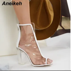 Aneikeh PVC Boots Women Summer Shoes Transparent Peep Toe Plastic Fashion High Heel Sandals Sexy  Party Wedding Square Heel Shoe Fashion Nova Shoes