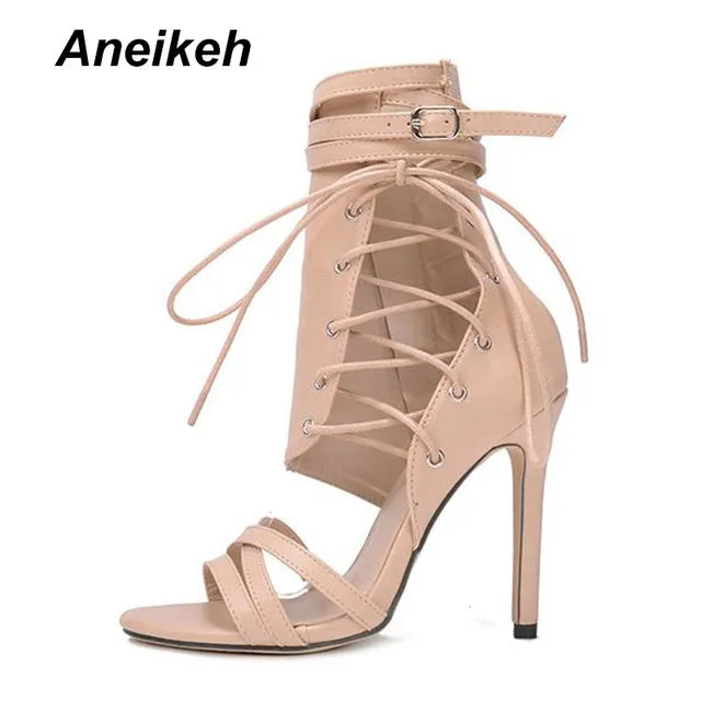 Aneikeh Roman Buckle Strap Shoes Women Sandals Sexy Gladiator Lace Up Peep Toe Sandals High Heels Woman Ankle Boots Black Aprict Fashion Nova Shoes