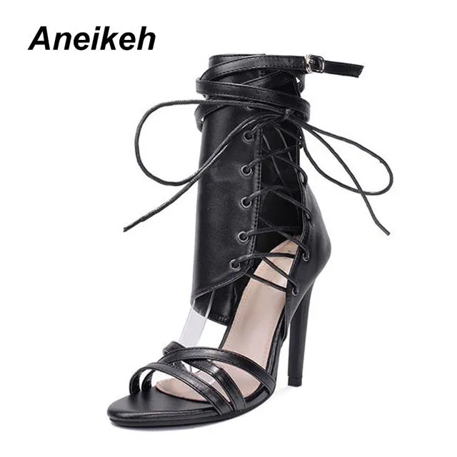 Aneikeh Roman Buckle Strap Shoes Women Sandals Sexy Gladiator Lace Up Peep Toe Sandals High Heels Woman Ankle Boots Black Aprict Fashion Nova Shoes