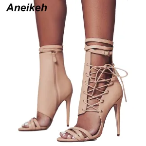 Aneikeh Roman Buckle Strap Shoes Women Sandals Sexy Gladiator Lace Up Peep Toe Sandals High Heels Woman Ankle Boots Black Aprict Fashion Nova Shoes