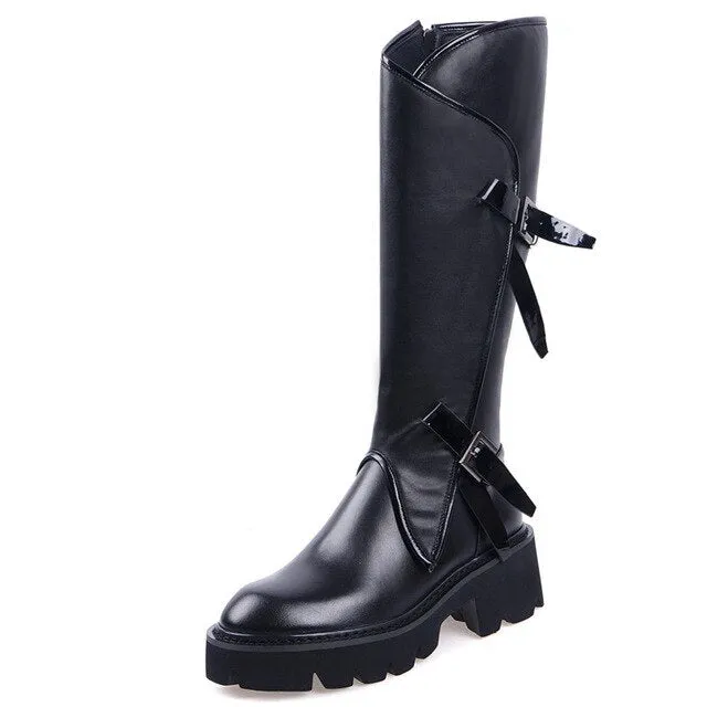 FEDONAS High Quality Genuine Leather Women Knee High Boots Punk Flats Platform Motorcycle Boots Party Shoes Woman Big Size Boots Fashion Nova Shoes
