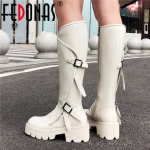FEDONAS High Quality Genuine Leather Women Knee High Boots Punk Flats Platform Motorcycle Boots Party Shoes Woman Big Size Boots Fashion Nova Shoes