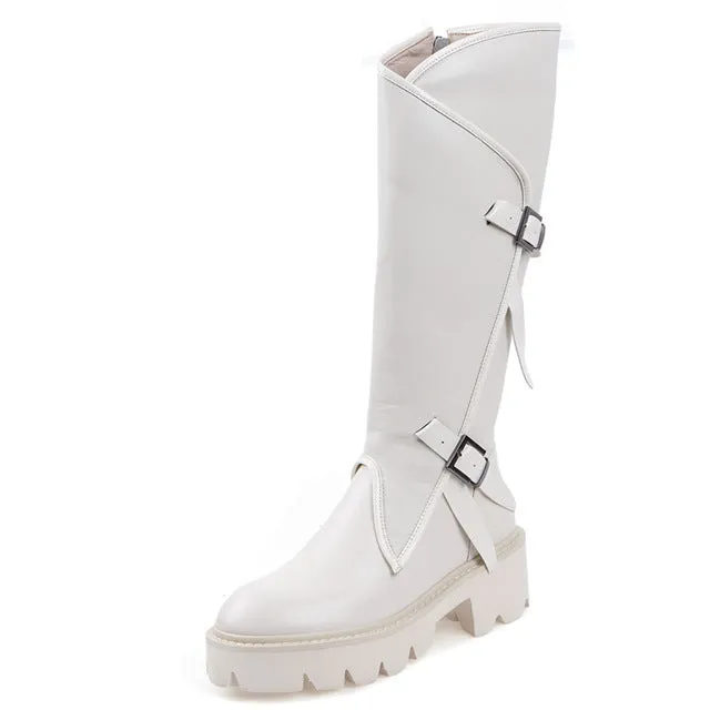 FEDONAS High Quality Genuine Leather Women Knee High Boots Punk Flats Platform Motorcycle Boots Party Shoes Woman Big Size Boots Fashion Nova Shoes
