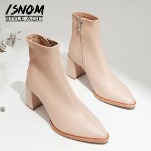 ISNOM Sheepskin Boots Women Ankle Booties Pointed Toe Fashion Shoes Female Zip High Heels Party Shoes Ladies Spring Pink 2020 Fashion Nova Shoes