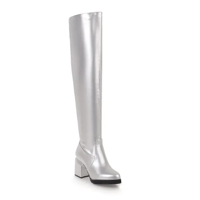 MStacchi Classic Thick Heels Round Toe Long Boots Women Silver Patent Leather Knee High Botas Mujer Winter Warm Party Shoe Woman Fashion Nova Shoes
