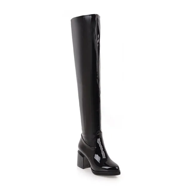MStacchi Classic Thick Heels Round Toe Long Boots Women Silver Patent Leather Knee High Botas Mujer Winter Warm Party Shoe Woman Fashion Nova Shoes