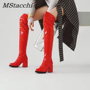 MStacchi Classic Thick Heels Round Toe Long Boots Women Silver Patent Leather Knee High Botas Mujer Winter Warm Party Shoe Woman Fashion Nova Shoes