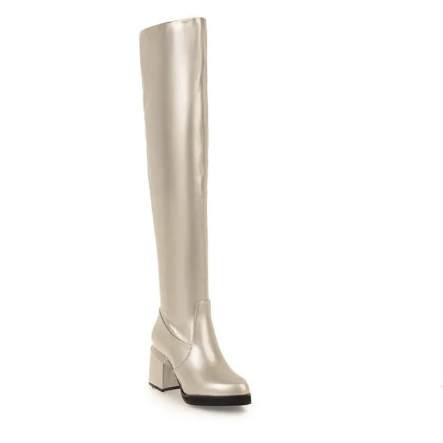 MStacchi Classic Thick Heels Round Toe Long Boots Women Silver Patent Leather Knee High Botas Mujer Winter Warm Party Shoe Woman Fashion Nova Shoes