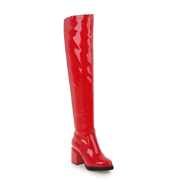MStacchi Classic Thick Heels Round Toe Long Boots Women Silver Patent Leather Knee High Botas Mujer Winter Warm Party Shoe Woman Fashion Nova Shoes