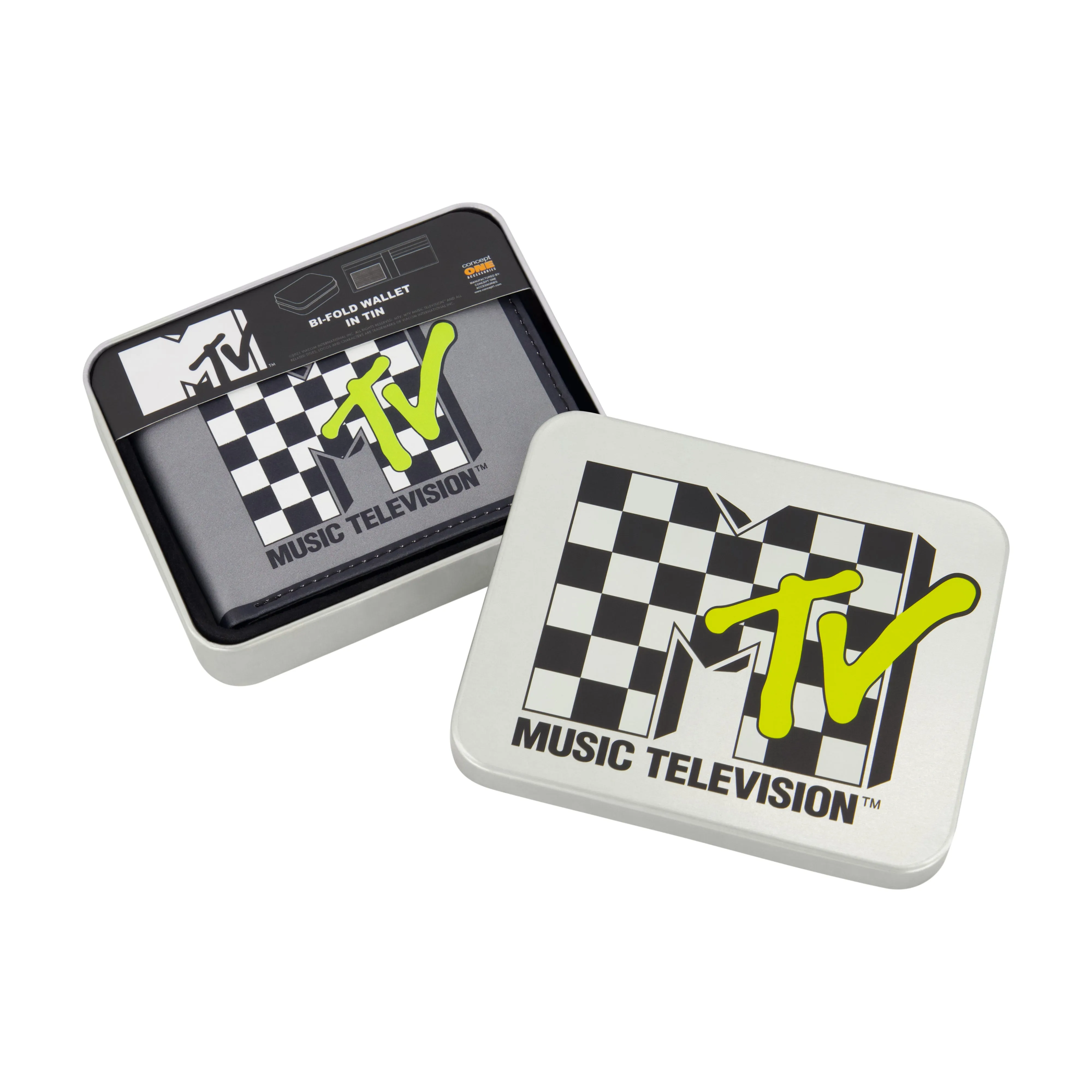 MTV LOGO WITH CHECKERBOARD PATTERN Bifold Wallet, Slim Wallet with Decorative Tin for Men and Women ecco Shoes