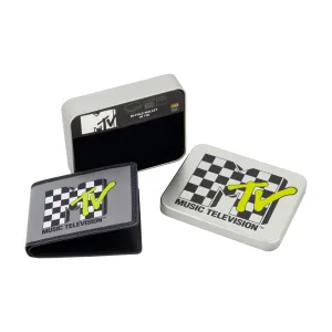 MTV LOGO WITH CHECKERBOARD PATTERN Bifold Wallet, Slim Wallet with Decorative Tin for Men and Women ecco Shoes