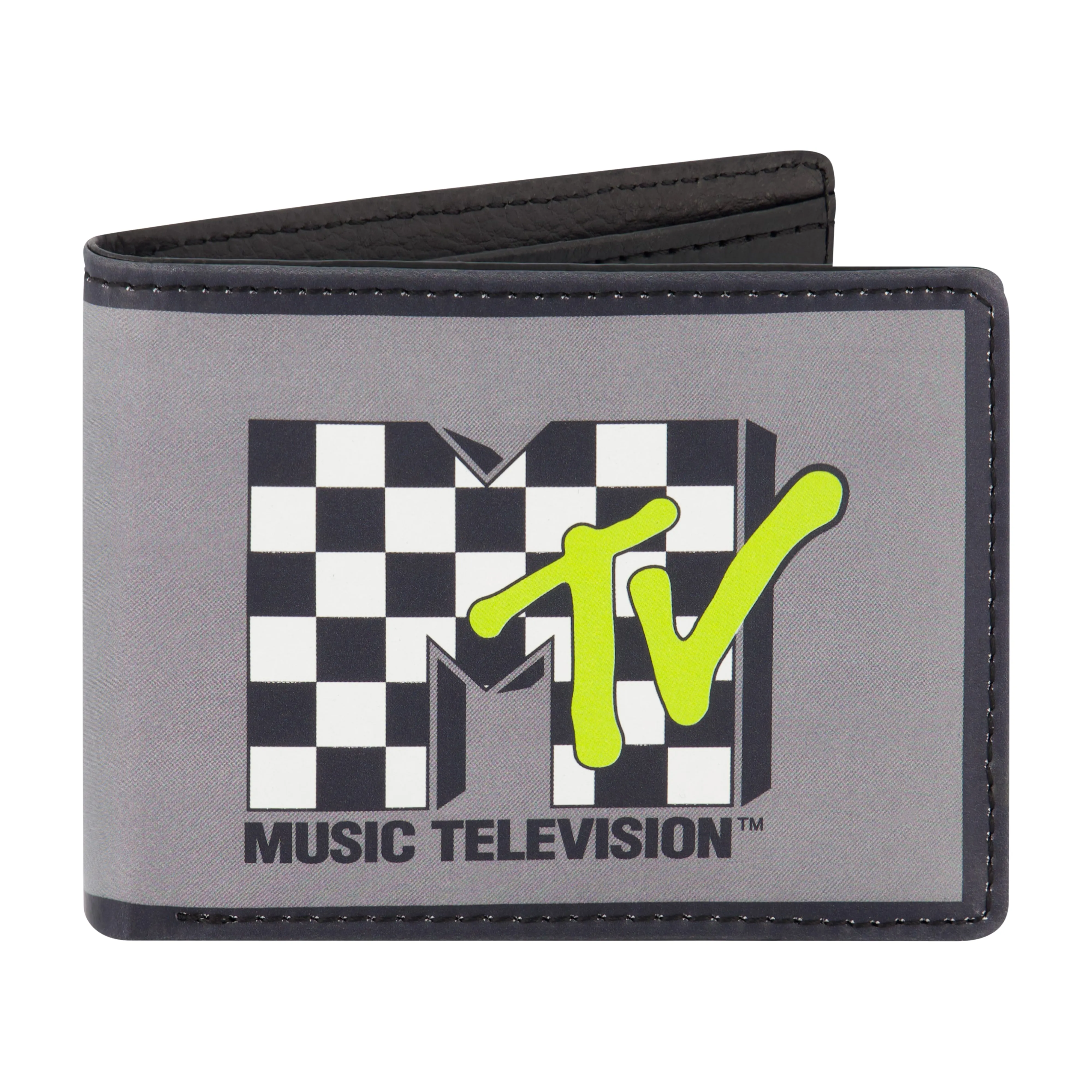 MTV LOGO WITH CHECKERBOARD PATTERN Bifold Wallet, Slim Wallet with Decorative Tin for Men and Women ecco Shoes
