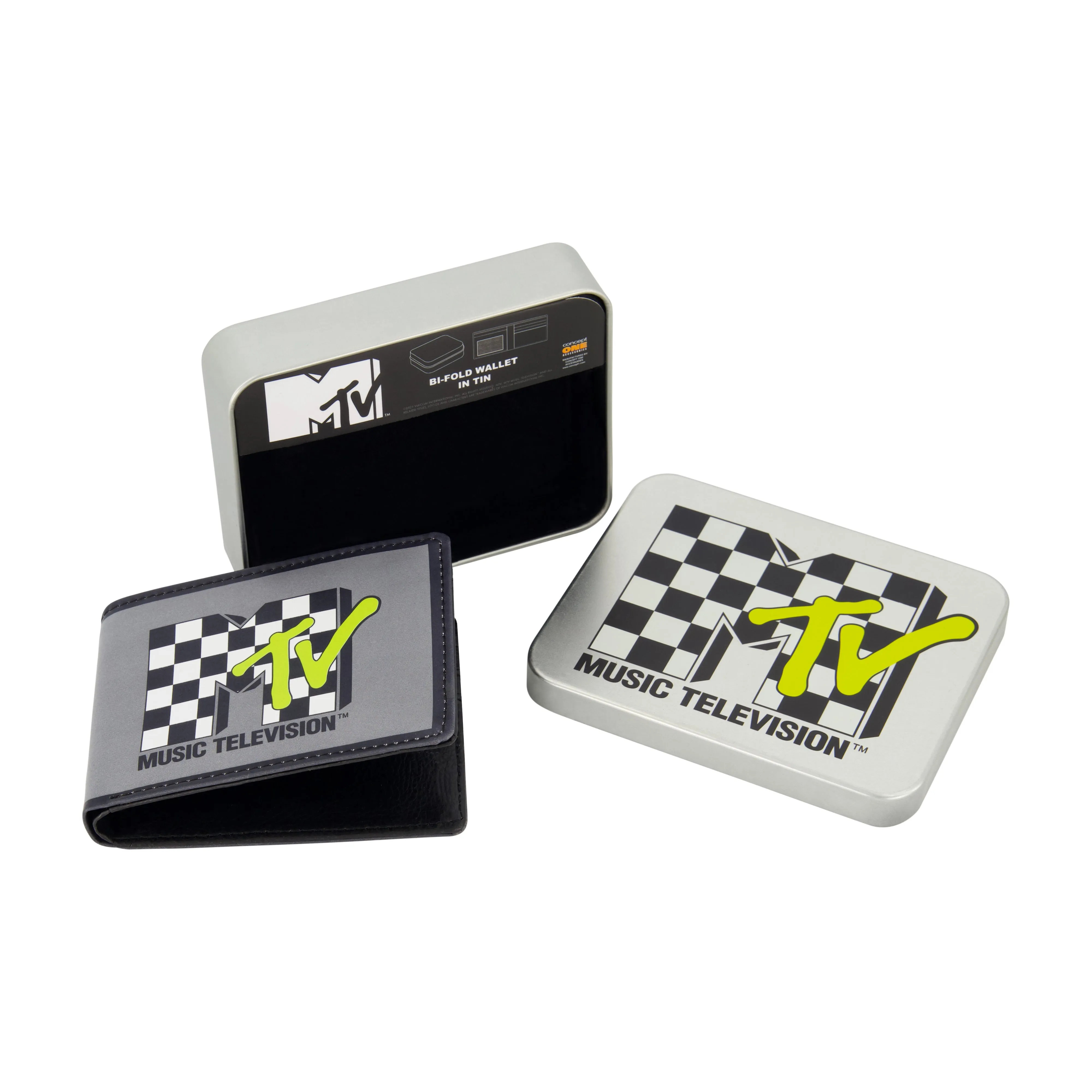 MTV LOGO WITH CHECKERBOARD PATTERN Bifold Wallet, Slim Wallet with Decorative Tin for Men and Women ecco Shoes
