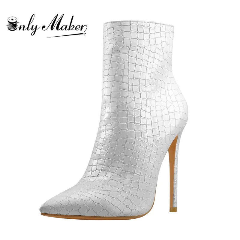 Onlymaker Women's 12CM High Ankle Boots for Women Pointed Toe Zipper Closure Dress Party Stone Pattern Mesh High Heels Booties Fashion Nova Shoes