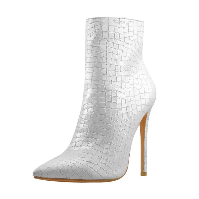 Onlymaker Women's 12CM High Ankle Boots for Women Pointed Toe Zipper Closure Dress Party Stone Pattern Mesh High Heels Booties Fashion Nova Shoes