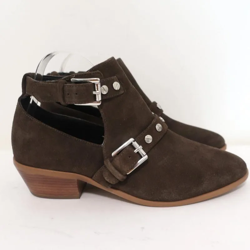 Rebecca Minkoff Abigail Buckle Booties Brown Suede Size 9 Cutout Ankle Boots