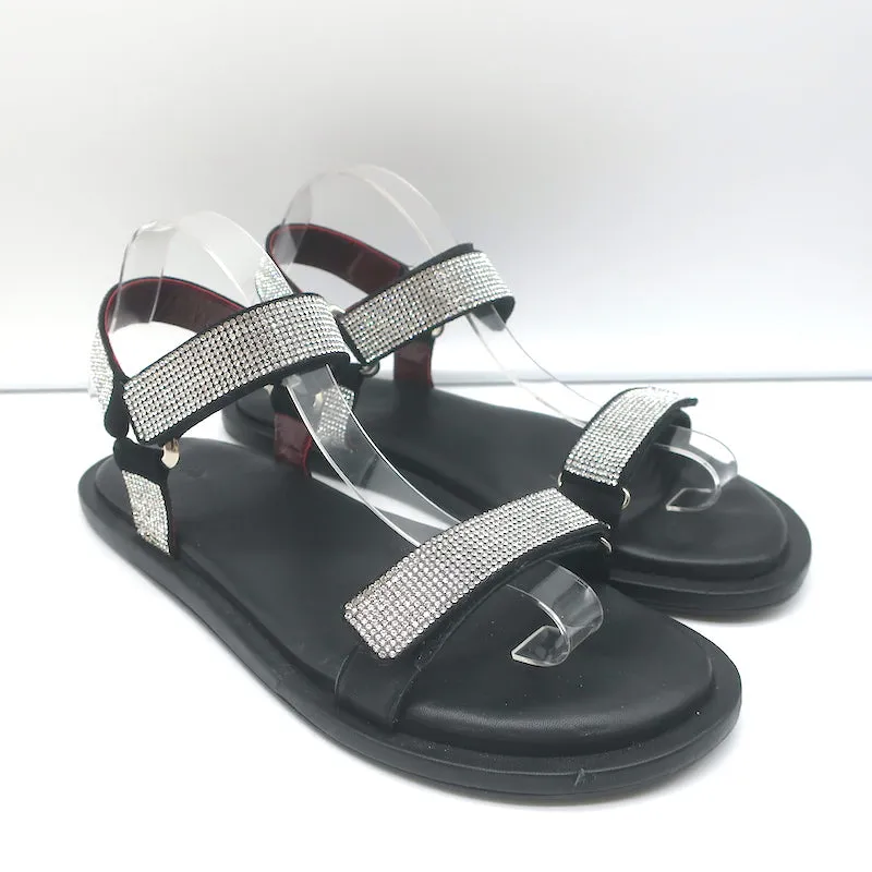 STAUD Betty Rhinestone Sandals Black Leather Size 41