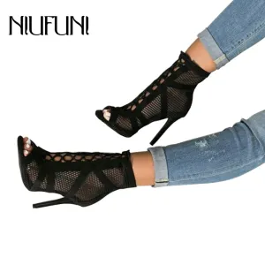 Summer Peep Toe Ankle Sandals Boots Thin High Heels Women's Mesh Hollow Women Pumps Cross-tied Lady Gladiators Shoes Sexy Sandal Fashion Nova Shoes
